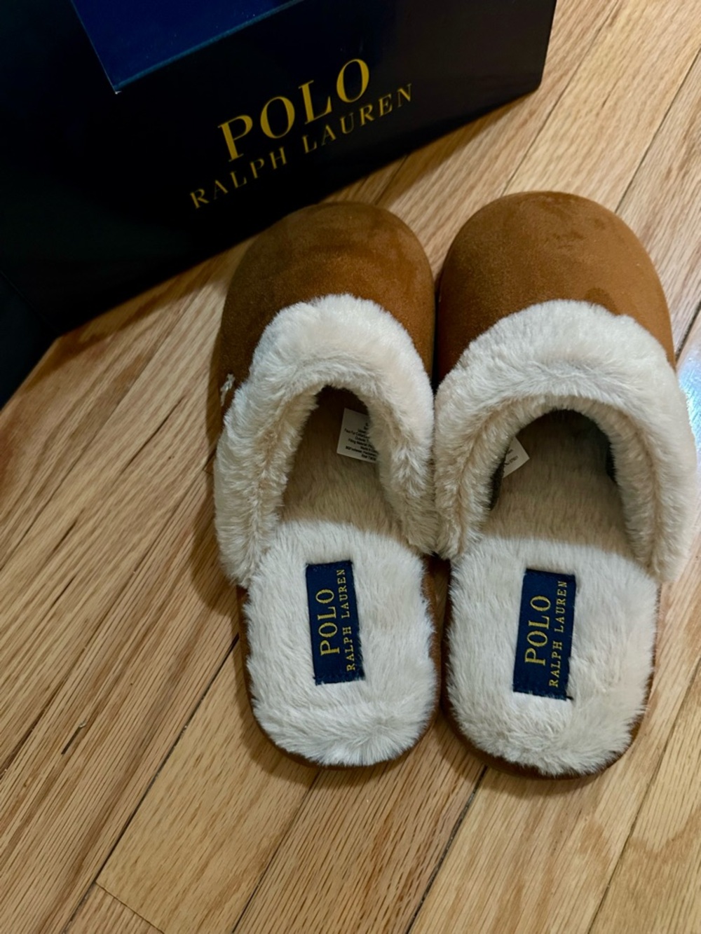 Polo by Ralph Lauren Chestnut Faux-Suede Slippers with Cream Faux-Fur Lining